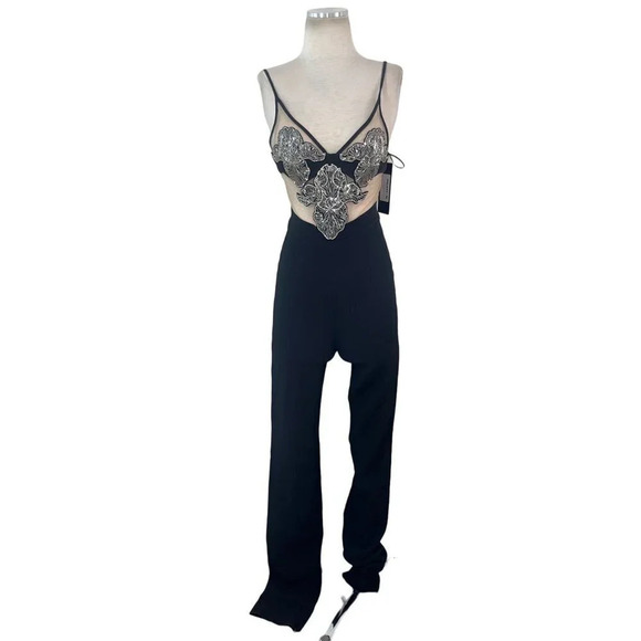 DAVID KOMA Crystal Flower Embroidered Patches Jumpsuit in Black Silver 2 New - Picture 6 of 16